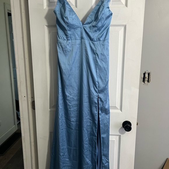Moments of Elegance Light Blue Satin Sleeveless Lace Maxi Dress - Picture 3 of 5